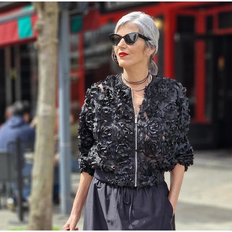 Street Short 3d Flower Lace Jacket Women Chic O-neck Long Sleeve Zipper Female Coats Autumn Lady All-match Outwears