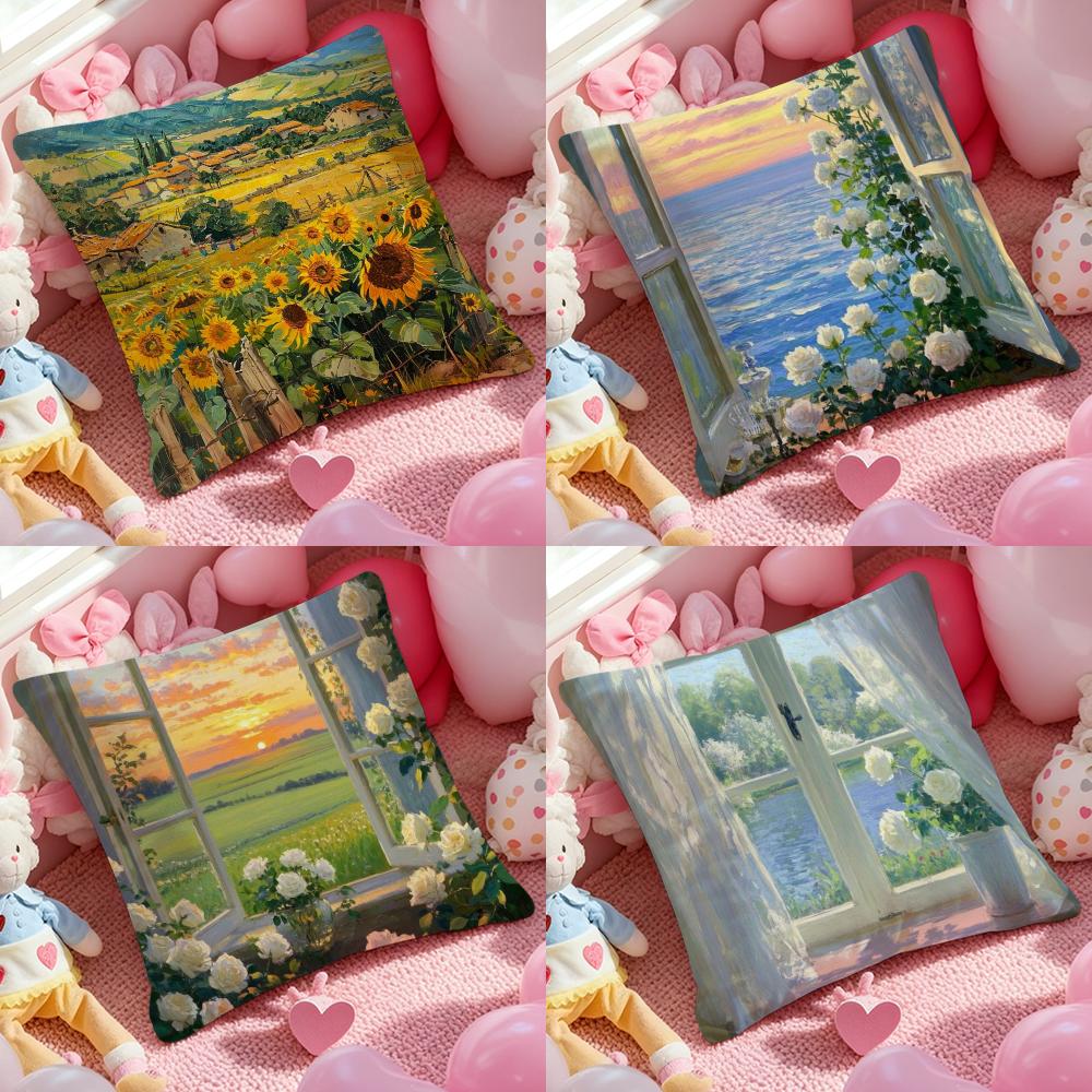 Landscape painting style Cushion Cover Antidustmite Pillowcase Invisible zipper silky short plush Sofa cushion cover