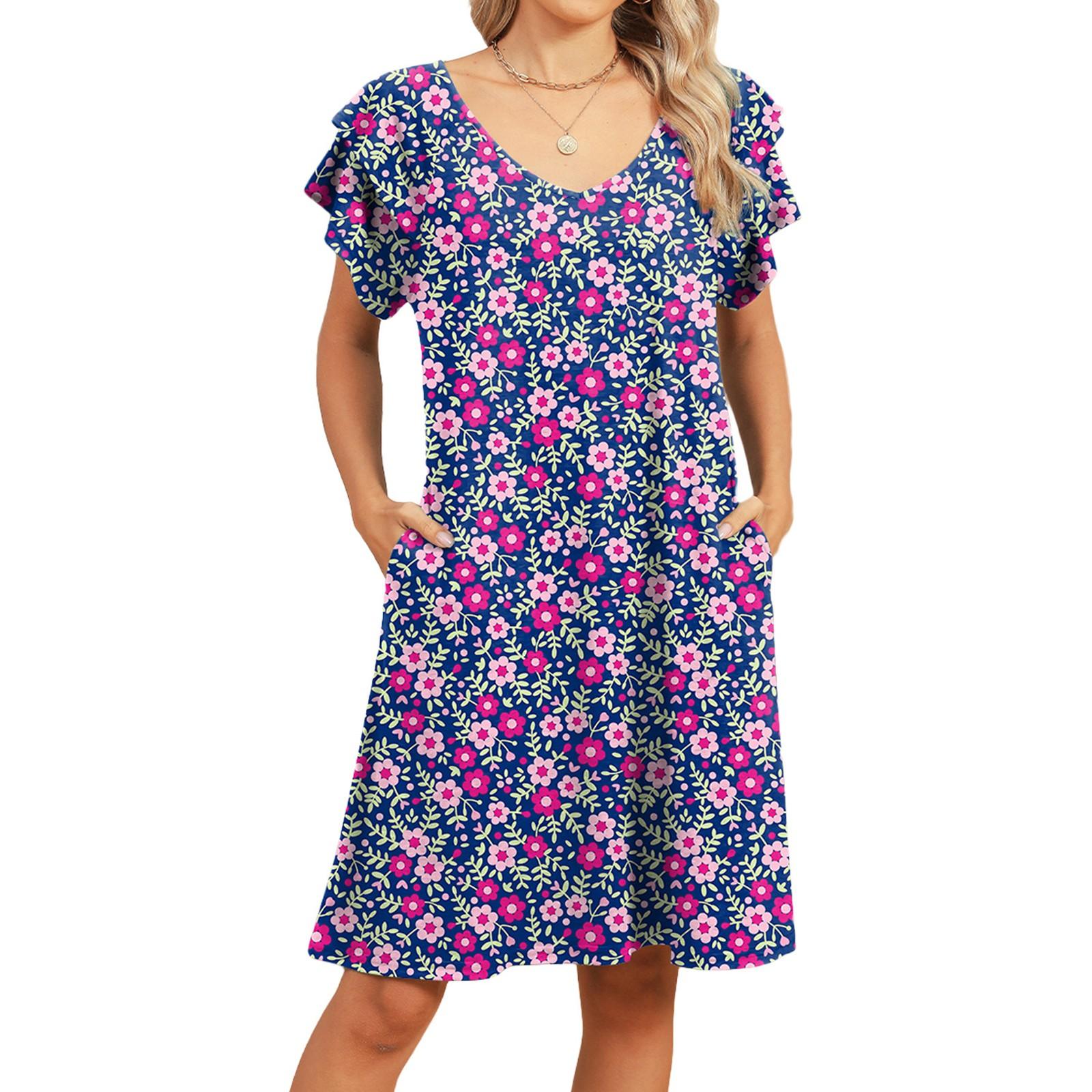 

Женское повседневное модное сексуальное платье с V-образным вырезом, короткими рукавами и цветочным принтом с внутренними карманами XL киноварь