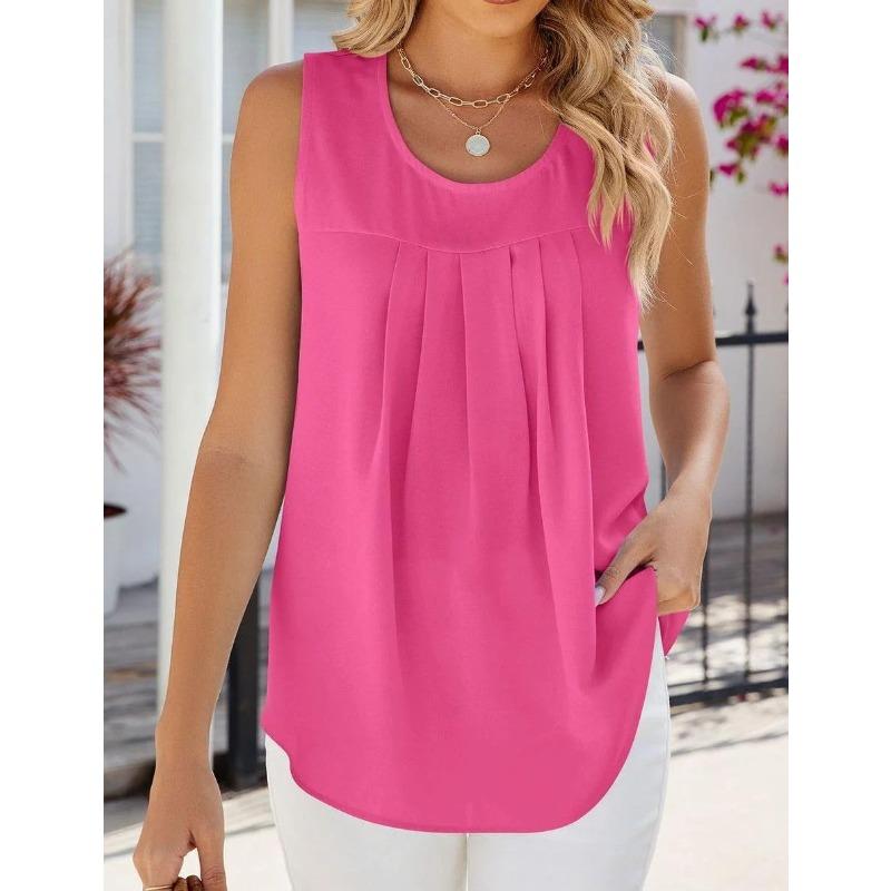 Nuova Blusa a Maniche Corte Pieghettata Girocollo Monocolore dalla Vestibilità Ampia con Cintura per Donna