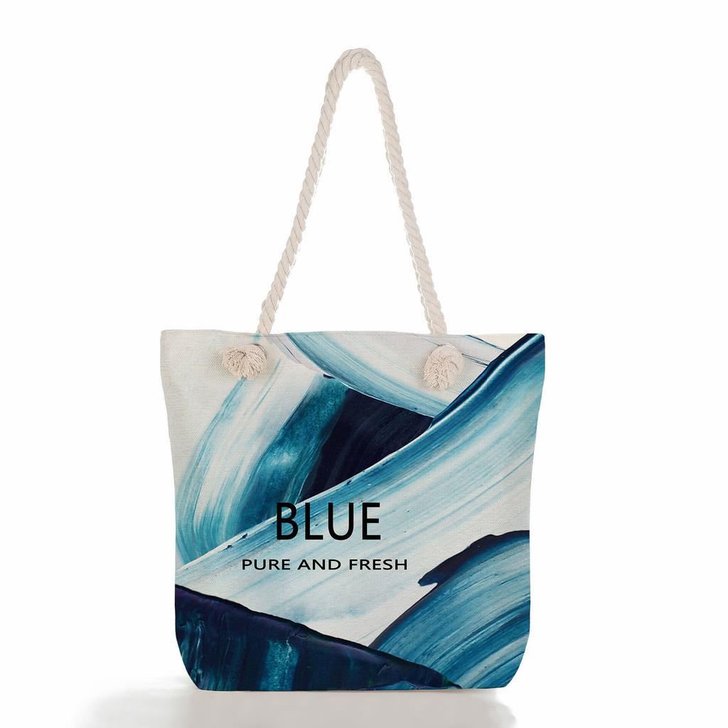 Marble green leaves print thick rope single-shoulder beach bag 7273 CLE