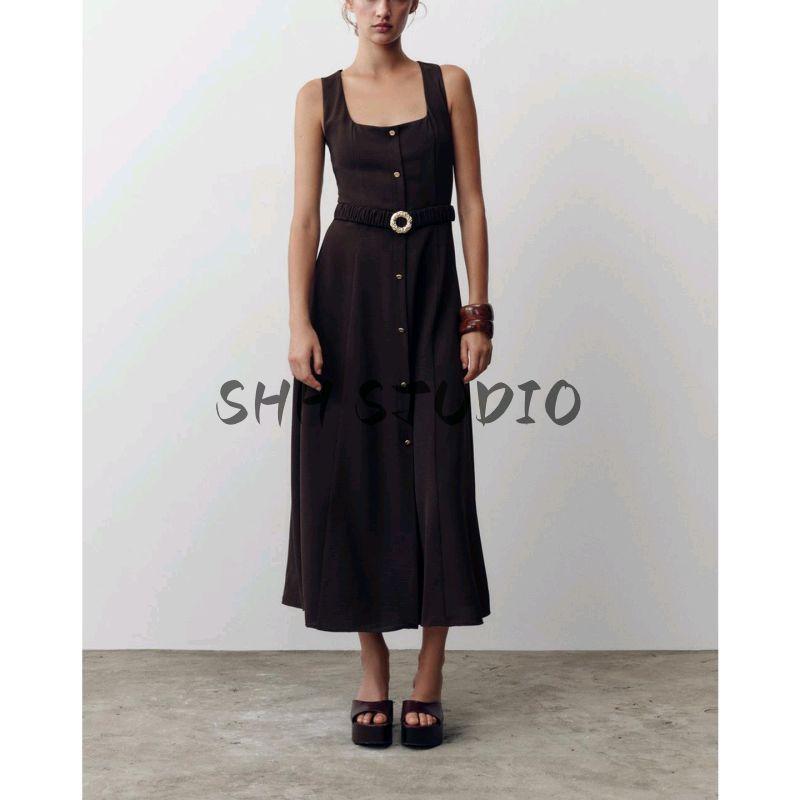 Summer Women's Clothing Vacation Style Fake Button Details with Belt Square Collar Suspenders Midi Skirt Dress 5029124