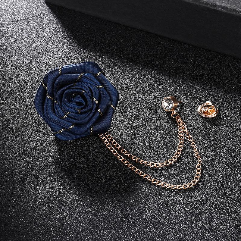 Men Wedding Brooches Cloth Art Handmade Rose Flower Brooch Lapel Pin Badge Tassel Chain Men'S Suit Accessories Groom Boutonniere