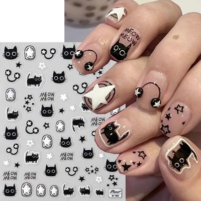 Autocollants pour ongles Kawaii Petit chat noir Dessin animé Chat mignon Étoiles Lettres Curseurs d'ongles Y2K Coréen Japonais Nail Art Manucure Décors