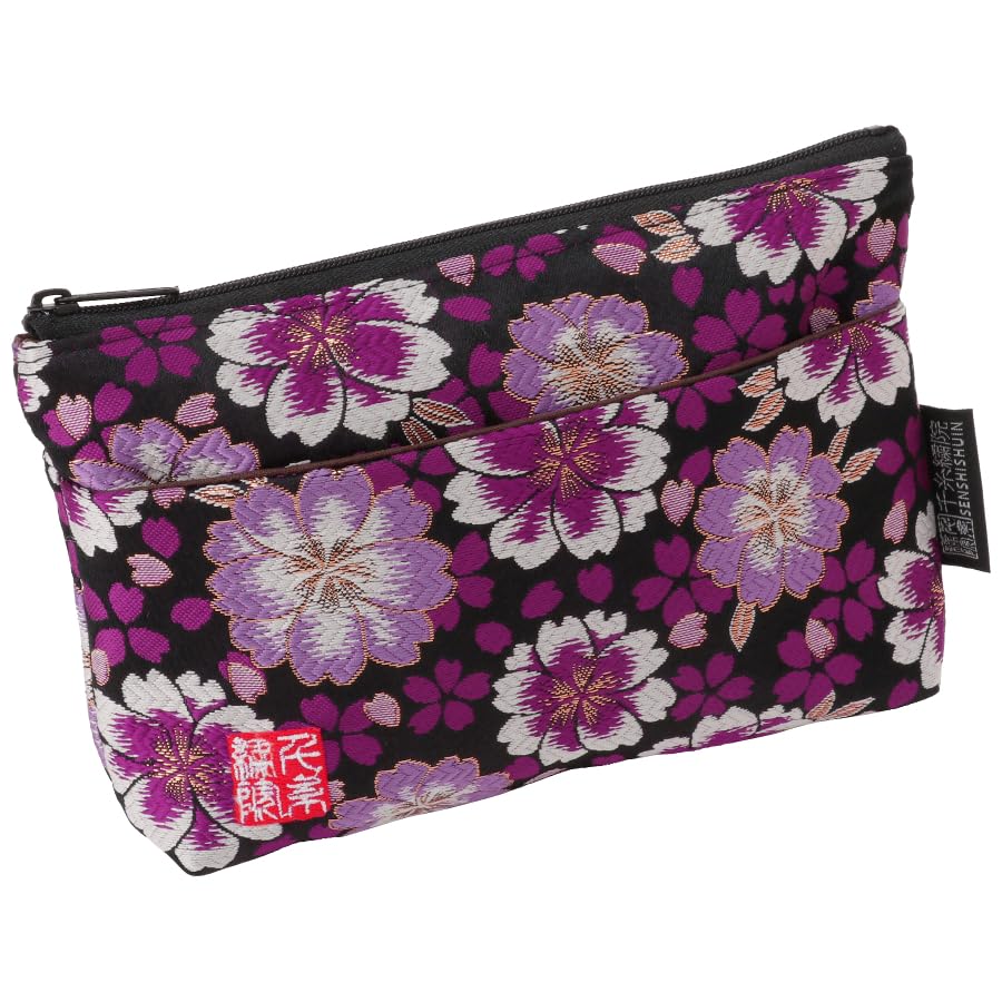 Senshishuin Nishijin Brocade Pouch with Double Cherry Blossom Design (Lined) Black-Purple (Small)
