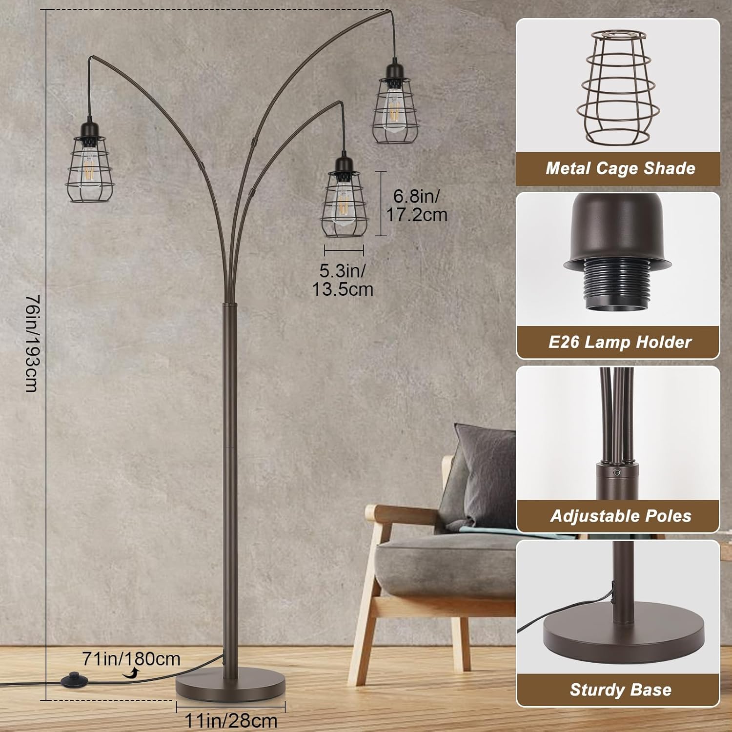 

3-Light Arc Floor Lamp, 76 Bronze Standing Lamp with Metal Cage Shades & Foot Switch for Living Room, Bedroom, Office – Vintage United States
