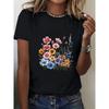 Women's Oversized Short Sleeve T-Shirt - White with Multicolor Pastel Floral Print  Loose Fit Casual Top, Round Neck
