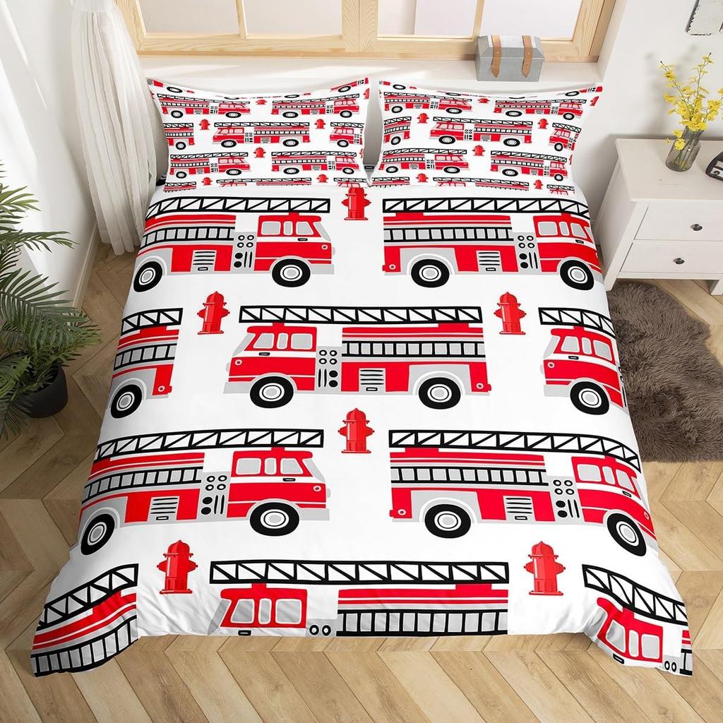 Comforter Fire Truck For Kids Boys Fire Engine Vehicle Extinguisher Fire Hydrant Print Bedding Set Microfiber Twin