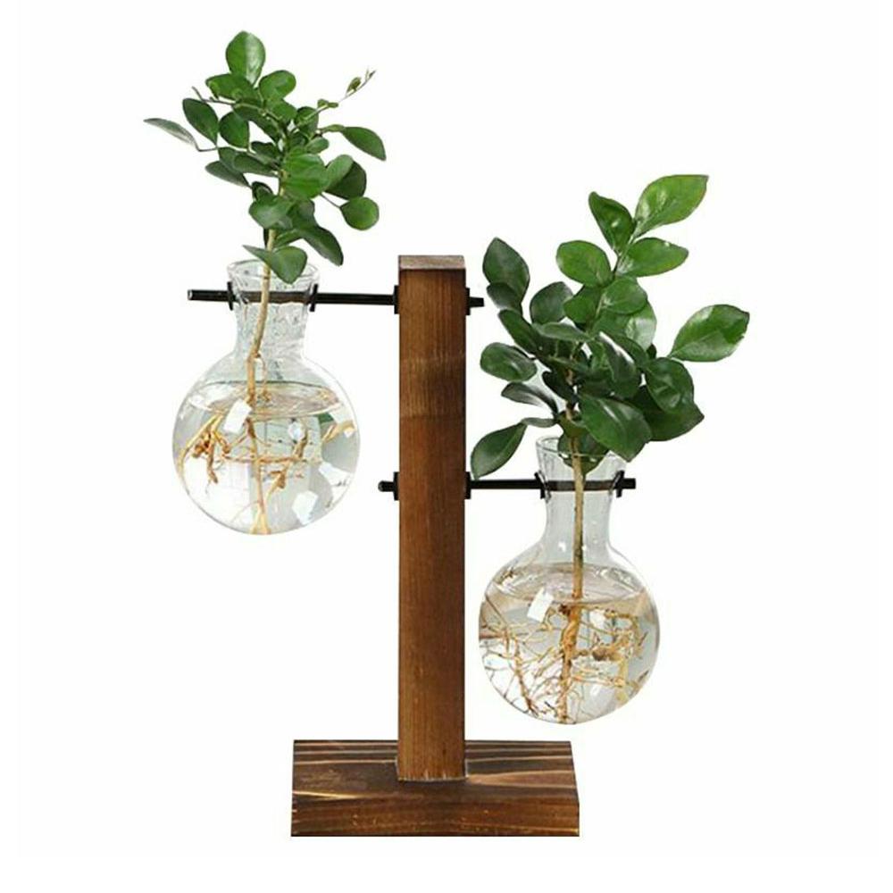 Transparent Bulb Vase with Wooden Stand Glass Desktop Planter for Hydroponic Plant Container Coffee Shop Room Tabletop Decor