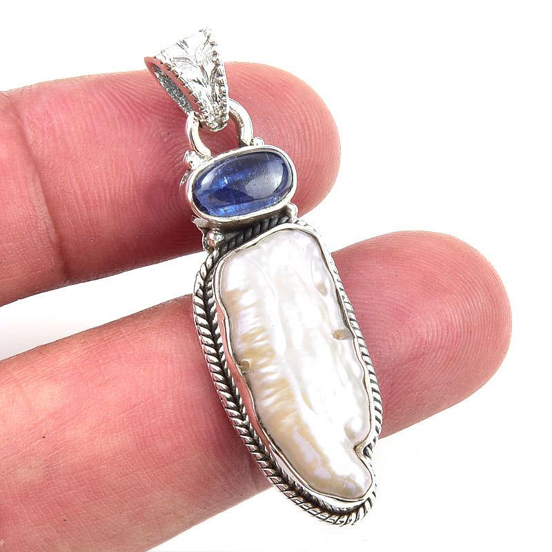 

Natural Biwa Pearl,Kyanite Gemstone 925 Solid Sterling Silver Pendant 1.75 O9k24