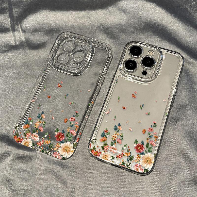 Iphone For 15 Pro Max Transparent Phone Case With Flower Print Design Decoration