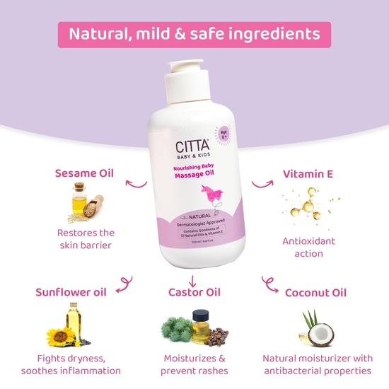 CITTA Natural Baby Massage Oil for New Born & Kids | Enriched With Coconut, Olive & Almond Oil for Baby Massage , Non-Sticky Baby Oil | 200 Ml