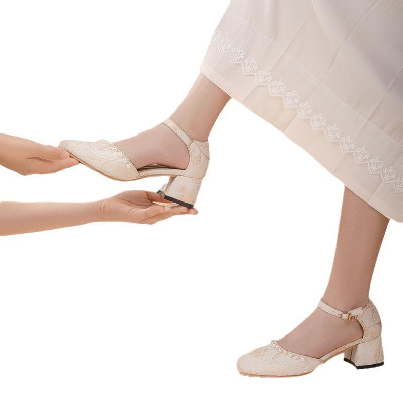Mary Jane Women's Hanfu Single Shoes 2025 New Summer Pearl Retro Daily Mix and Match Not Tired Feet Antique High Heels