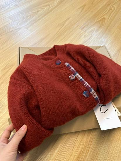 Women's Loose Knit Plaid Patchwork Cardigan - Korean Style, Round Neck, Fake Two-Piece, Spring/Summer 2025