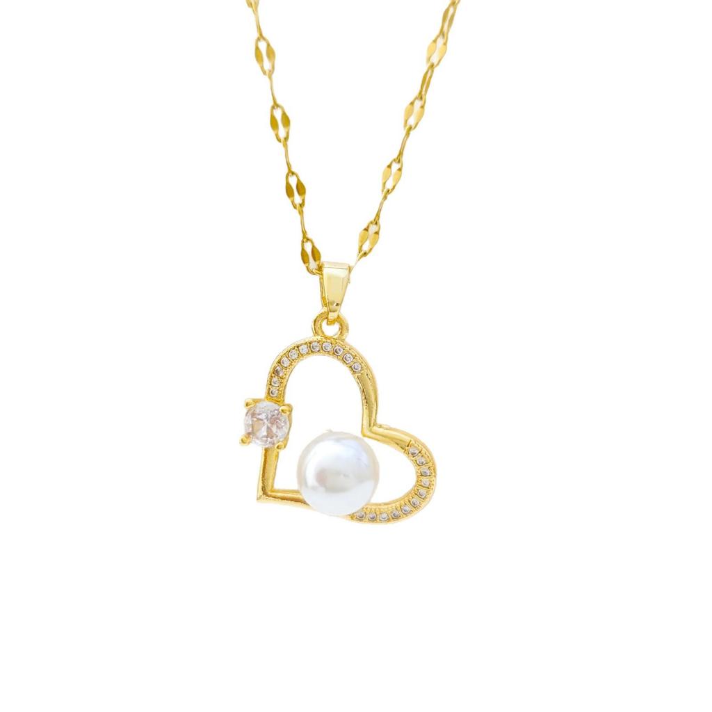Elegant Heart Necklace with Zircon Pearl Pendant - Women's Fashionable and Versatile Clavicle Chain