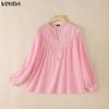 VONDA Summer Women V Neck Crochet Lace Splicing Loose Casual Long Sleeve Blouse