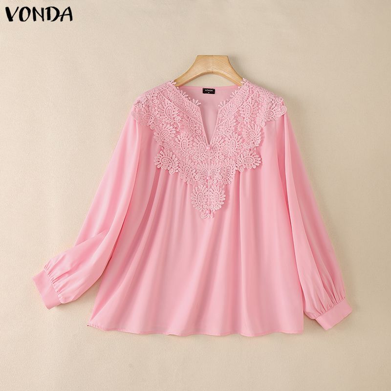 VONDA Summer Women V Neck Crochet Lace Splicing Loose Casual Long Sleeve Blouse