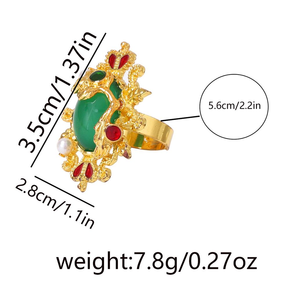 Une bague ouverte rétro, exquise, individualiste, tendance, de style ethnique en alliage incrusté de résine vert émeraude avec des fleurs