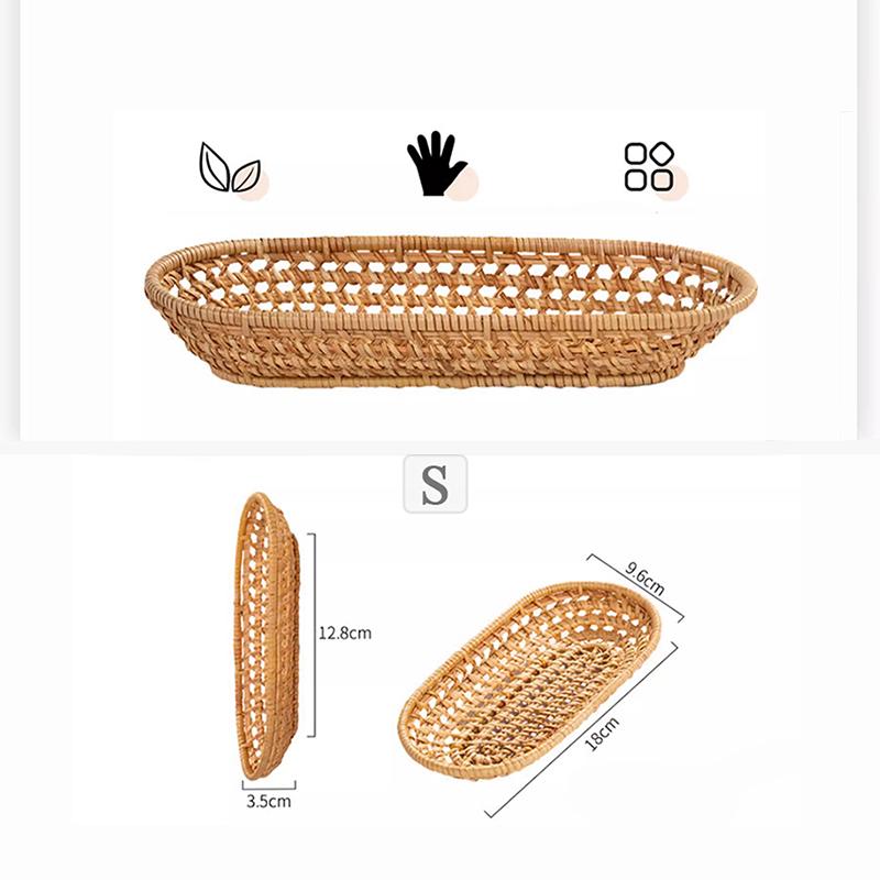 

Hand-Woven Rattan Oval Storage Basket, Organizer Tray For Kitchen Accessories, Picnic Food Fruit Snack Bread Cutlery Basket