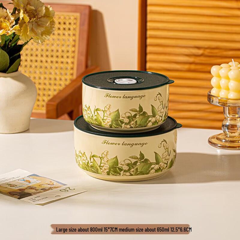 Lily of the Valley Ceramic Fresh-keeping Bowl Set (2-Piece)