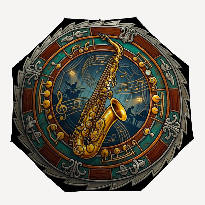 Saxophone Music Festival Emblem Pattern Umbrella, Portable and Foldable Design, 8 Ribs, a Casual Accessory for Friend's Birthday Gifts.
