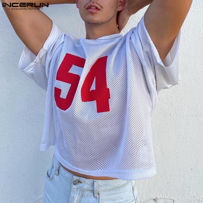 INCERUN Sommer Herren Durchsichtige Buchstabendruck Kurzarm T-Shirts Hohle Tops
