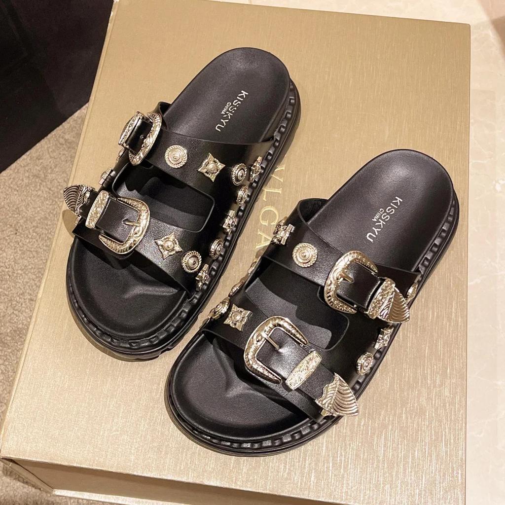 Fashion Summer Women Slippers Punk Rock Rivets Platform Leather Mules Creative Metal Fittings Slippers Female Casual Sandals Shoe Slides