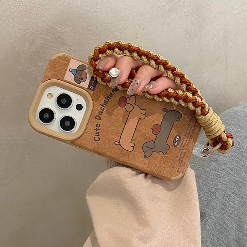 Cute Dachshund for Apple 17 Promax Phone Case for IPhone 15/14 Brown Leather 13 Cartoon