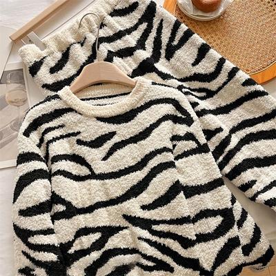 Women's 2 Piece Pajama Set Autumn and Winter Thick Plush Pajamas Zebra Stripe Flannel Pajamas Trousers Casual Jacket Home Wear