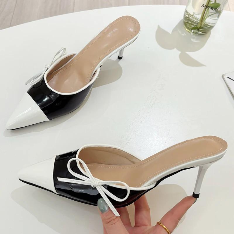 Fashion Eilyken Spring Butterfly-knot Pointed Toe Mule Women Slippers Fashion Elegant Thin Heels Party Dress Ladies Shoes