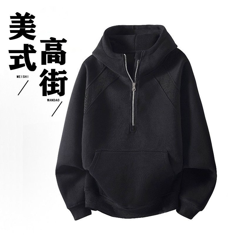 Spring and Autumn Retro Splicing Half Zipper Hooded Sweater Boys Loose Couple Casual Versatile Hoodie