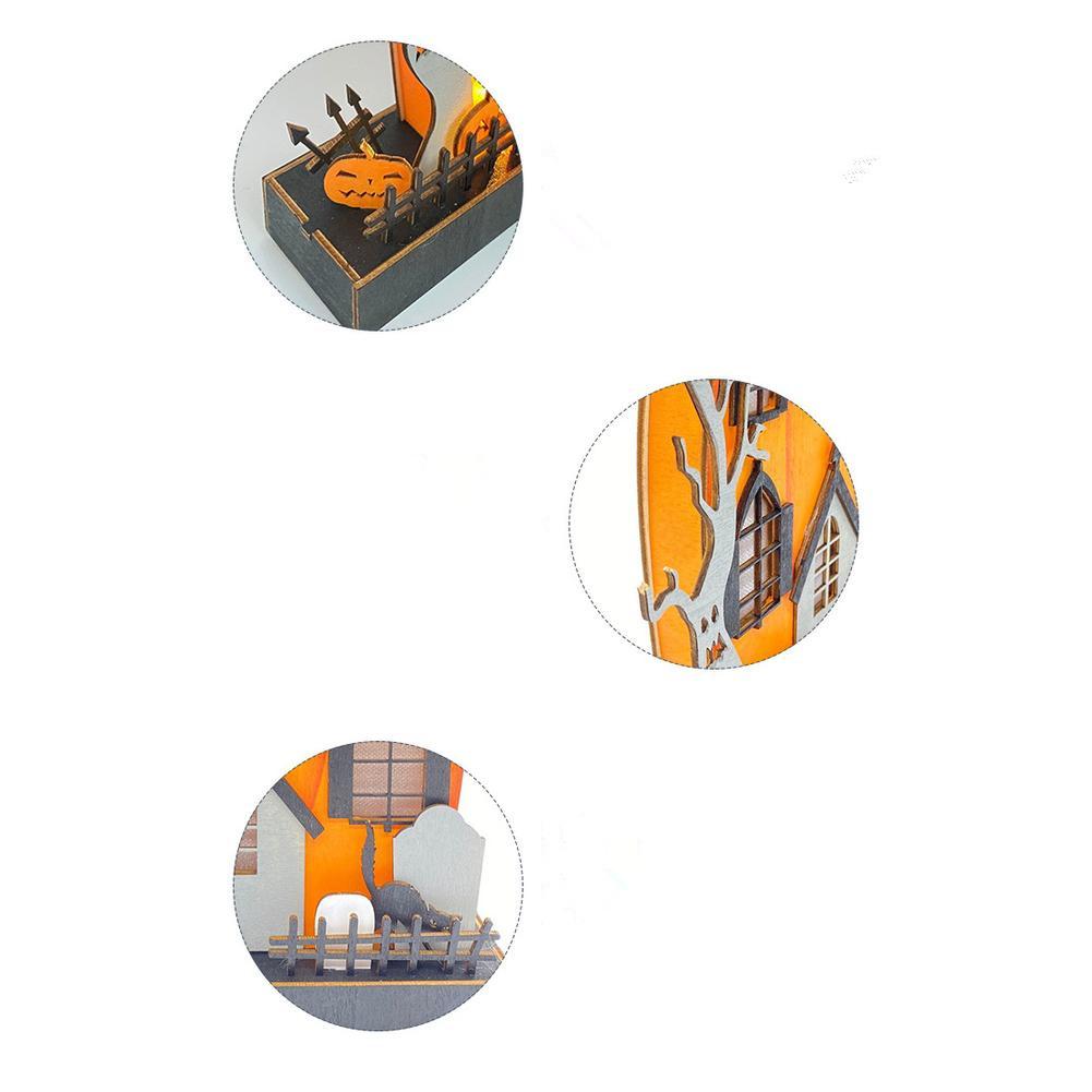 Home Halloween Tabletop Decoration, Lighted Wooden Haunted House Pumpkin Decoration Ornaments, Battery Operated Pumpkin House Ornament Party Supplies