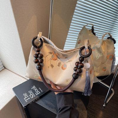 Retro Beige Embroidery Handbag Women Beaded Handle Large Capacity Shoulder Bag Ladies Elegant Luxury High End Underarm Bags