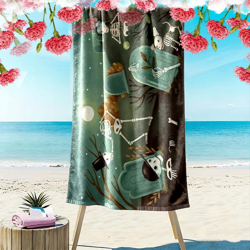 Halloween Skeleton Graveyard Print Beach Towel, Gothic Spooky Quick‑Dry Towel for Beach Pool Travel