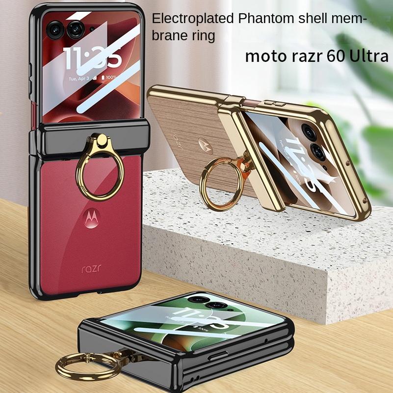 Electroplated Frame Transparent with Metal Ring Holder Hinge Glass Protective Film Case For Motorola Razr 60 Ultra Cover