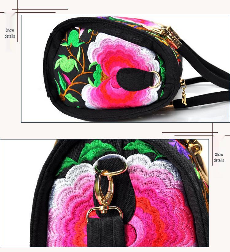 Ethnic Embroidered Drum-Shape Tote & Crossbody Canvas Bag