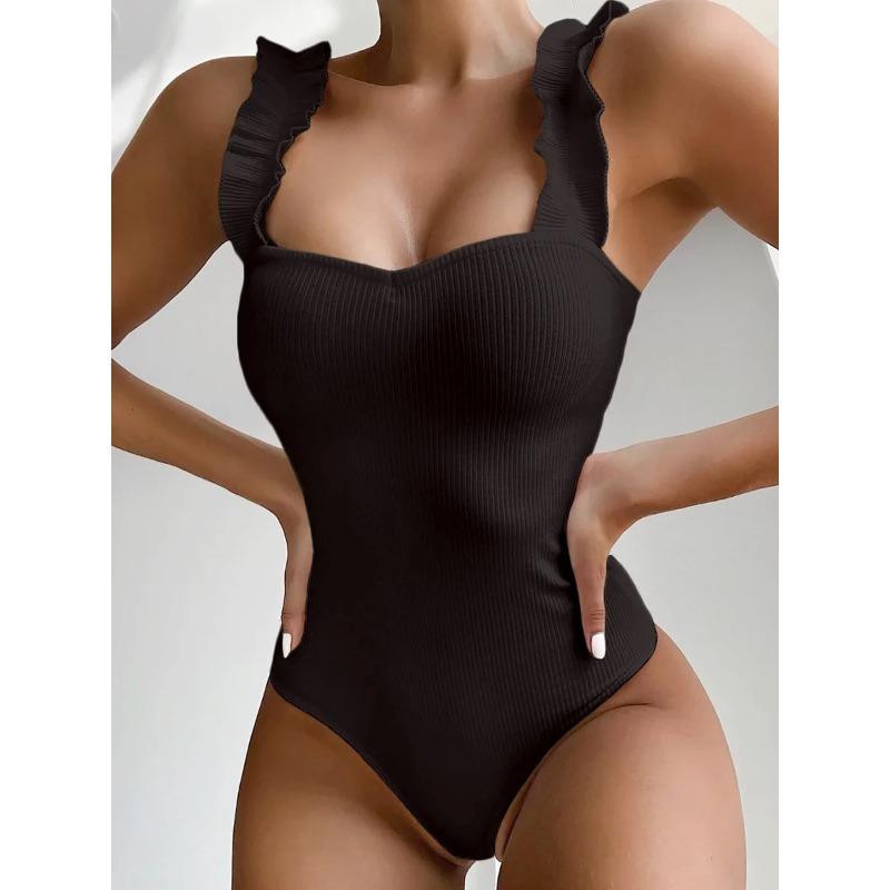 Sexy White Frill Trim Ruffled Ribbed Female Swimwear One Piece Swimsuit Women Monokini High Cut Bather Bathing Suit Swim Lady