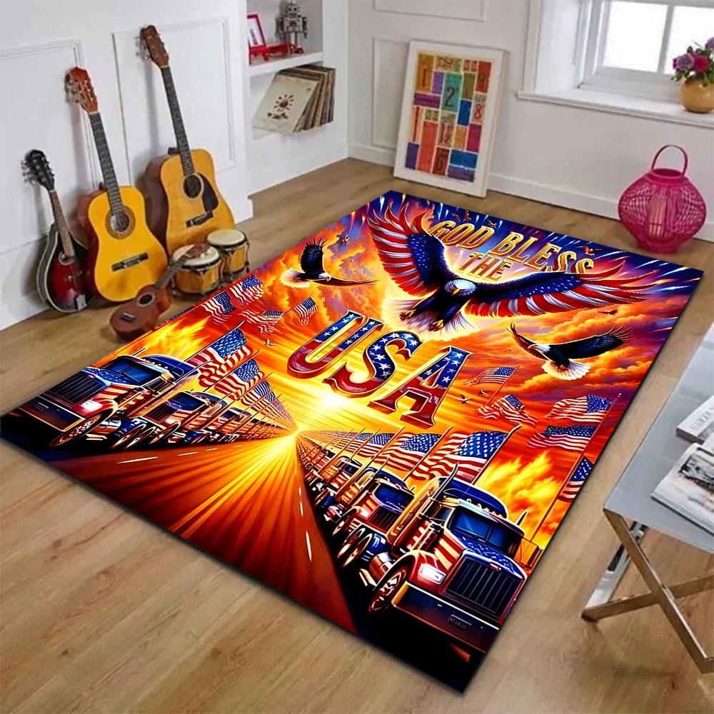 Patriotic USA Eagle with Flags and Trucks Patterned carpet, suitable as a non slip play mat for the living room and bedroom sofa
