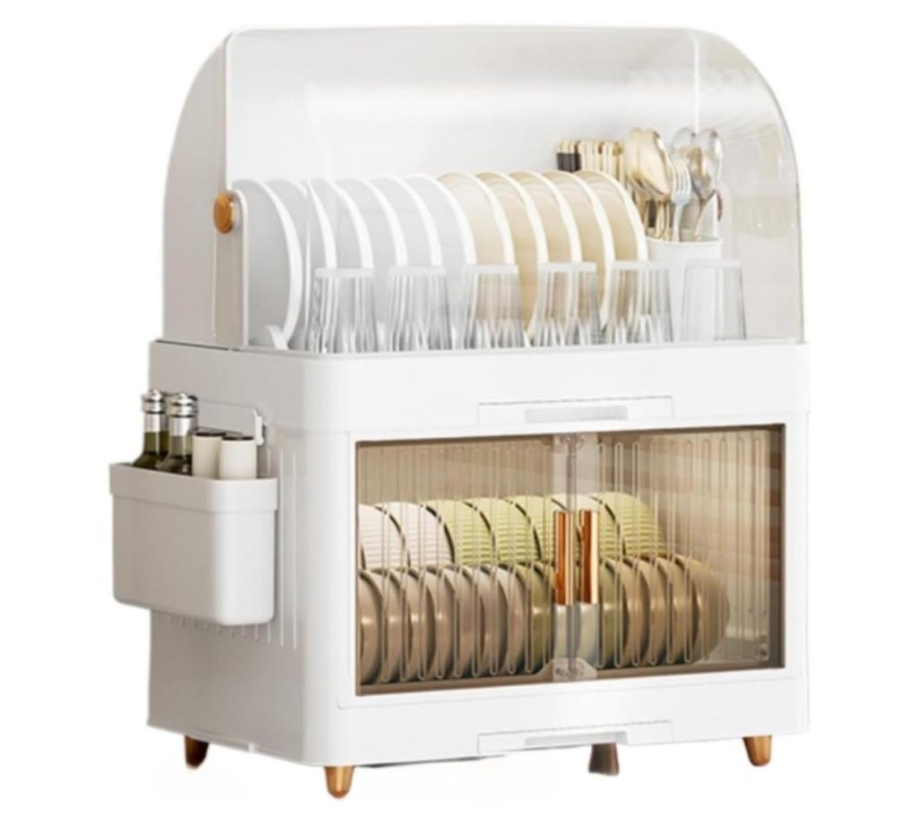 Mearrineser Kitchen Dish Storage Rack, Double Dish Cabinet with Lid, Dustproof, Large Capacity, Dish Drainer, Cutlery Organizer (2 Tiers, White)