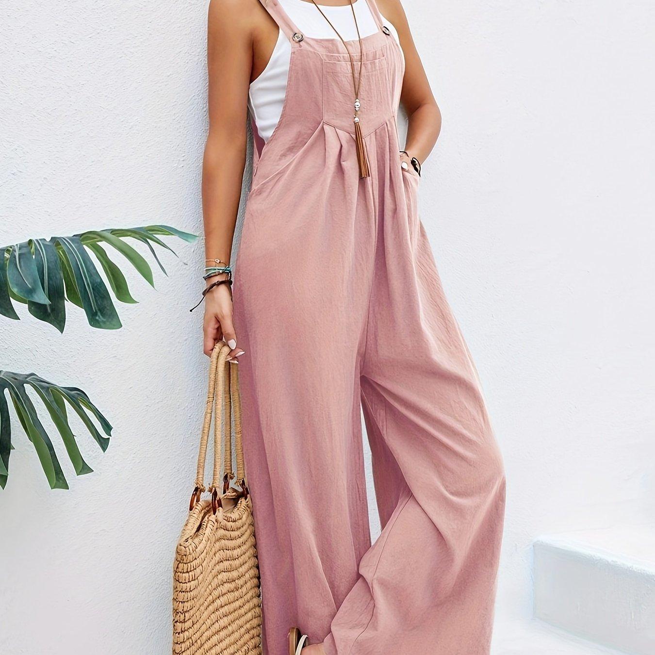 

Однотонный длинный комбинезон без рукавов в стиле бохо, повседневный мешковатый комбинезон с карманами, женская одежда L розовый