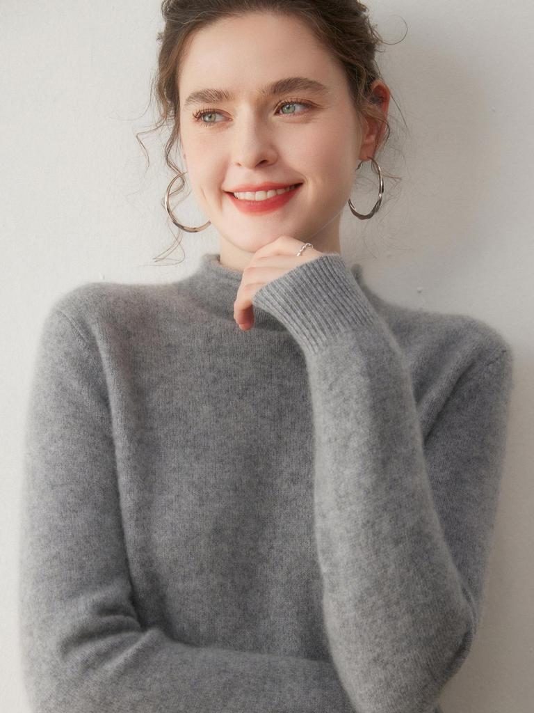 Cashmere Women's Loose Fit Half-High Neck Rolled Hem Pullover Sweater