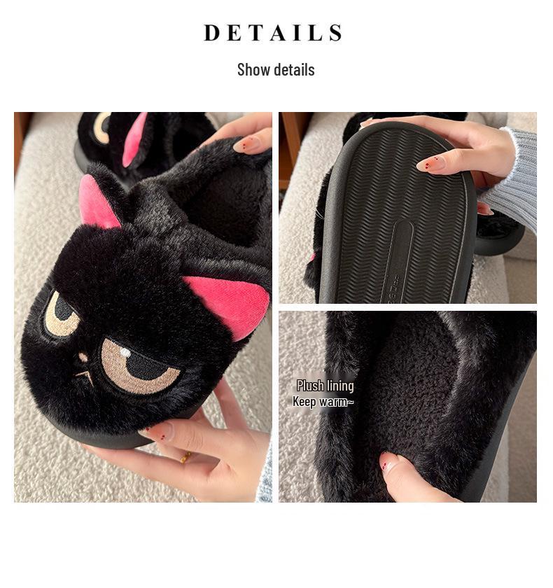 Women's & Men's Cute Black Cat Cotton Plush Home Slippers - Warm Closed-Toe Postpartum Shoes