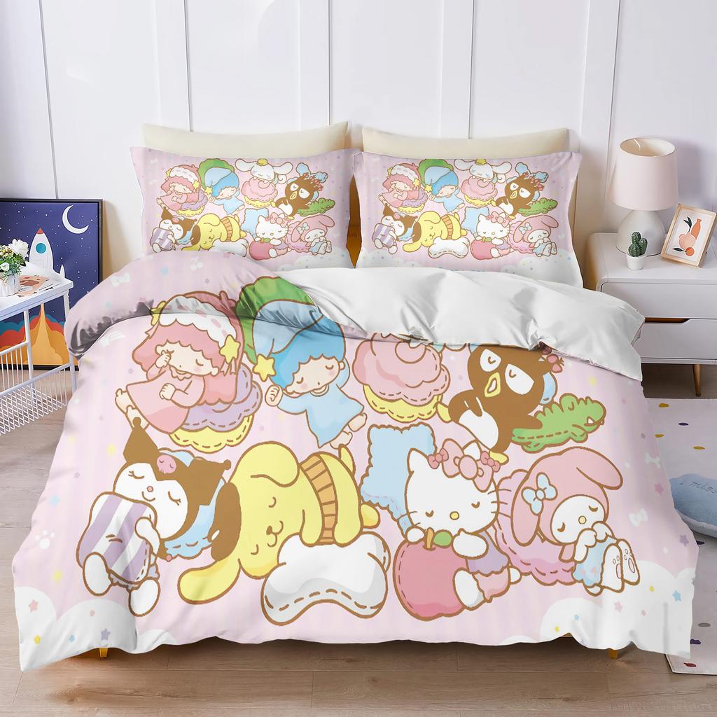 Sanrio My Melody Kuromi Pochacco Anime Bettbezug-Set Comforte Bedruckte Cartoon-Bettwäsche-Sets für Doppelbetten Weihnachtsgeschenke 3-teilig