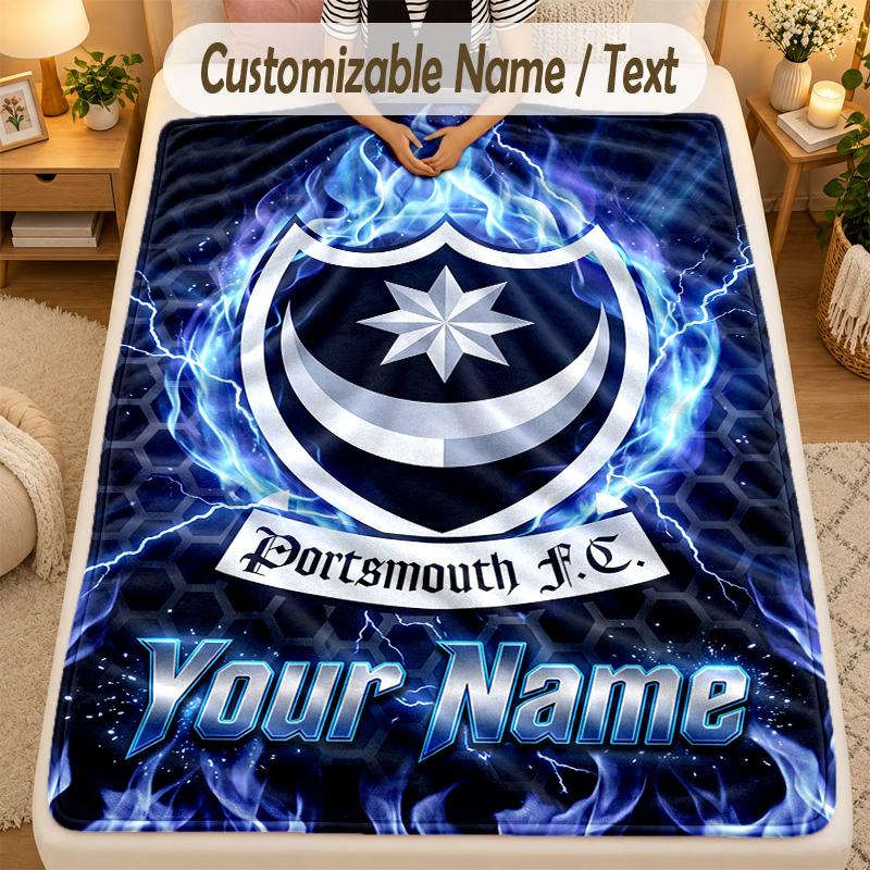 Flannel BlanketPortsmouth FC Custom Name Text Personalized Soft Warm Throw Blanket Home Decor Gift