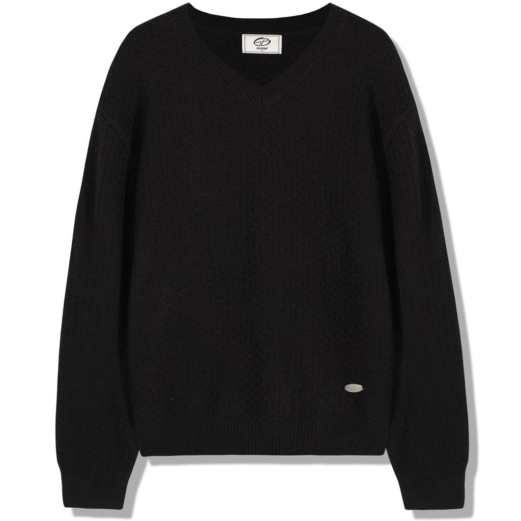 GUBIN Retro Pattern V-Neck Knit - Black