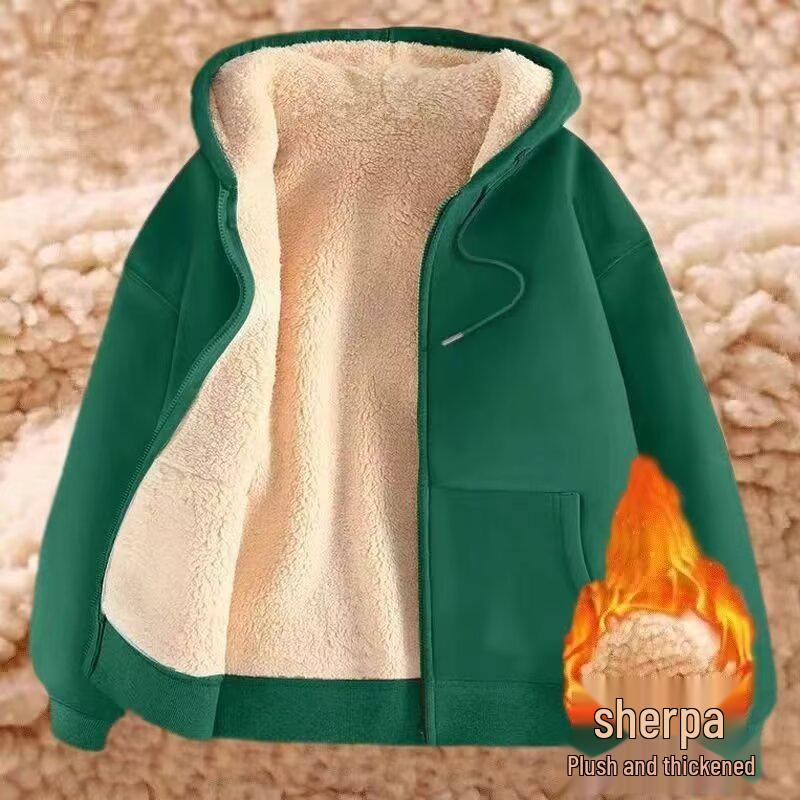 Herren Lammfell Kapuzenjacke - Schweres Samt-Sweatshirt, Unifarben, Jugendliche Strickjacke für Herbst und Winter