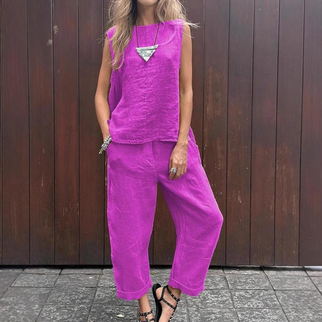 2024 Spring/Summer Cotton Linen Casual Two-Piece Set: Sleeveless Top & Loose Long Pants for Women