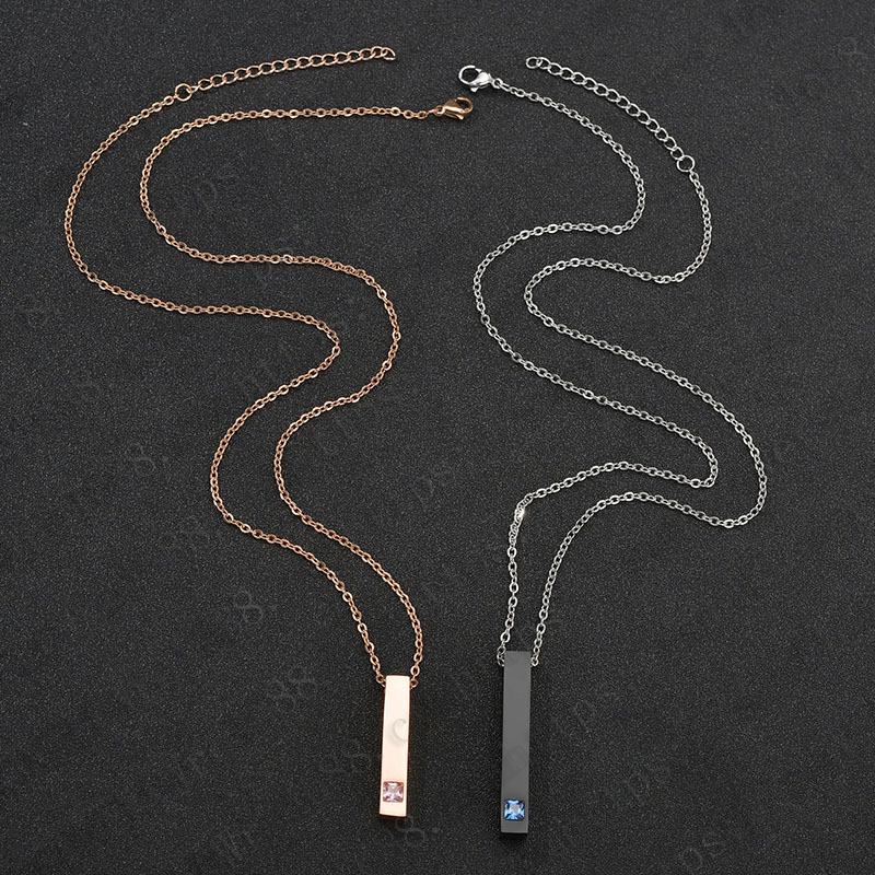 Titanium Steel Rectangular Cylinder Pendant with Four-Sided Laser Engraving In Rose Gold and Diamond for Couples
