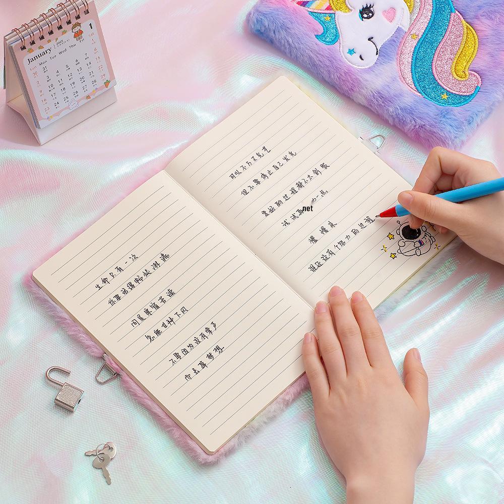 Unicorn Cartoon Lock Plush Notebook - Cute Diary for Students, Girls' Gift