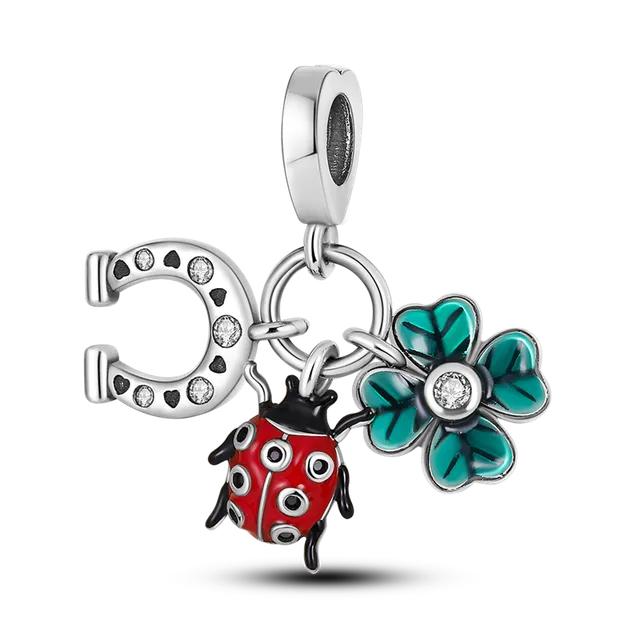Fit Bracelet Inlaid Zircon Beads Charms 925 Silver Heart -Shape Colorful Dangle Pendants Bangle Jewelry